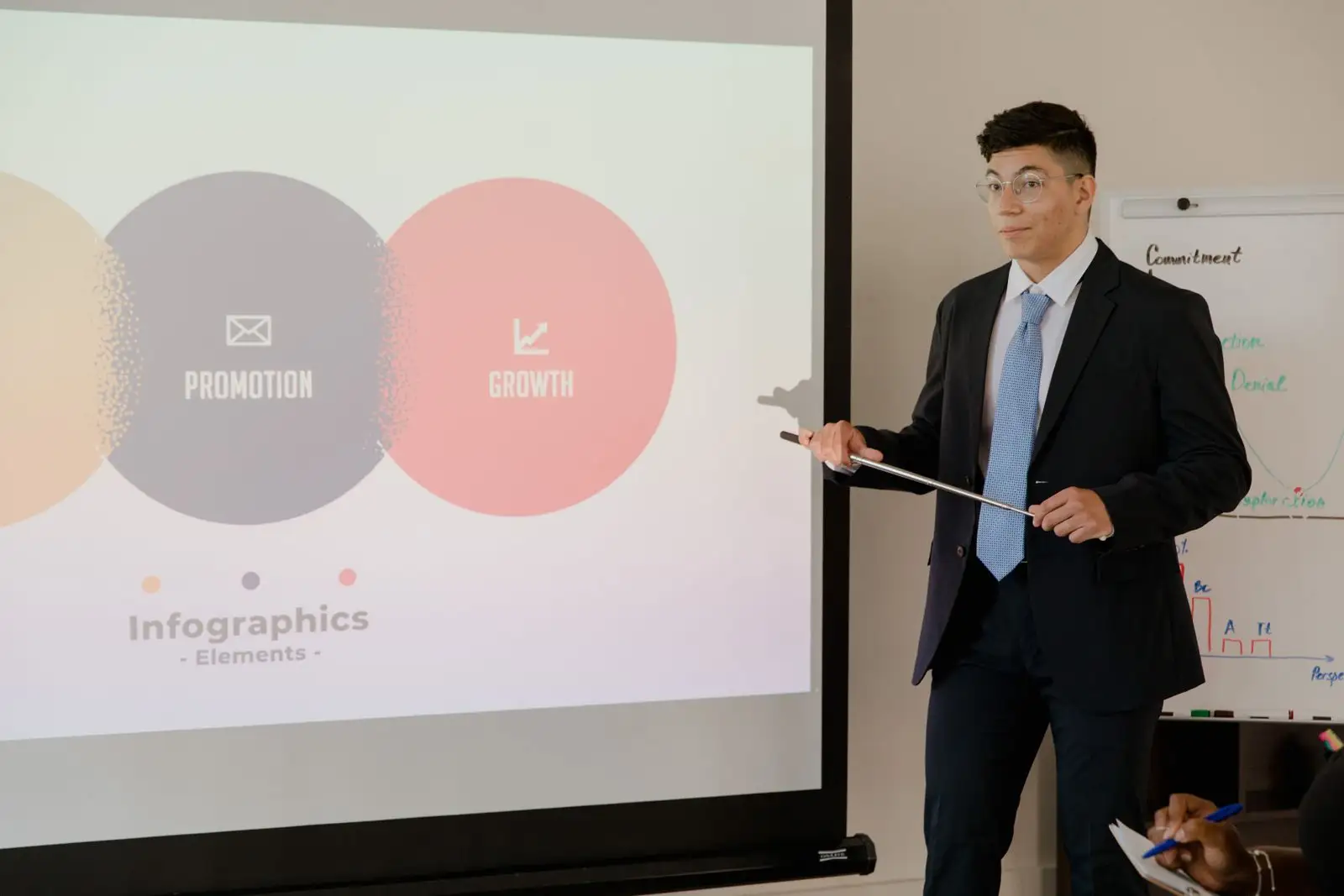 A presenter walking directors through slides in a bright boardroom