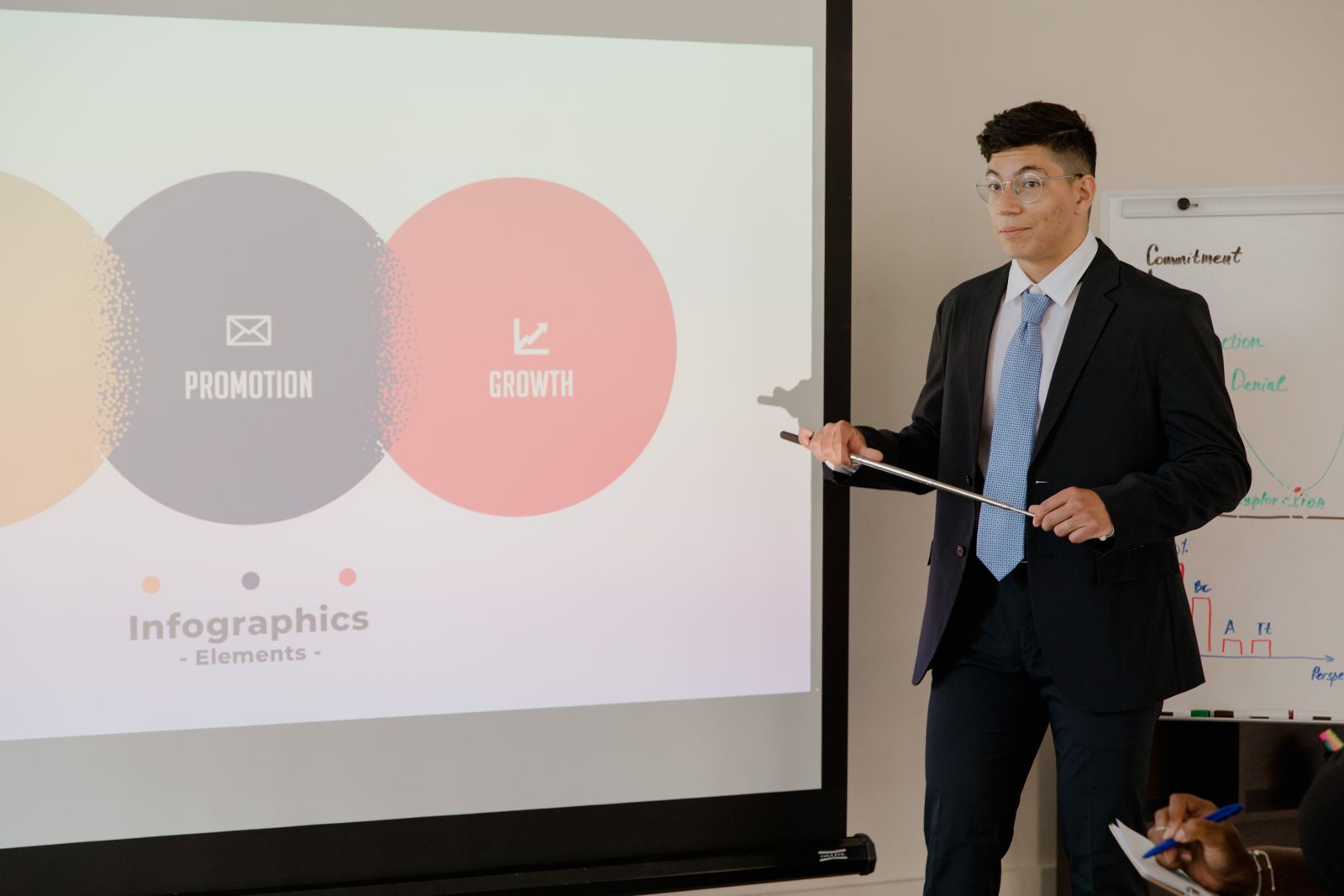 A presenter walking directors through slides in a bright boardroom