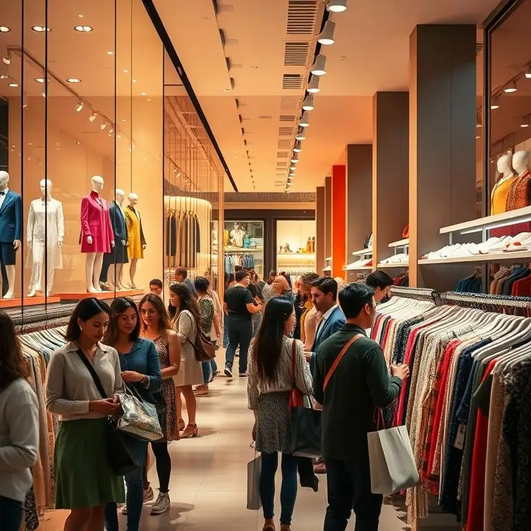 Shoppers browsing rails of clothing in a bright modern store