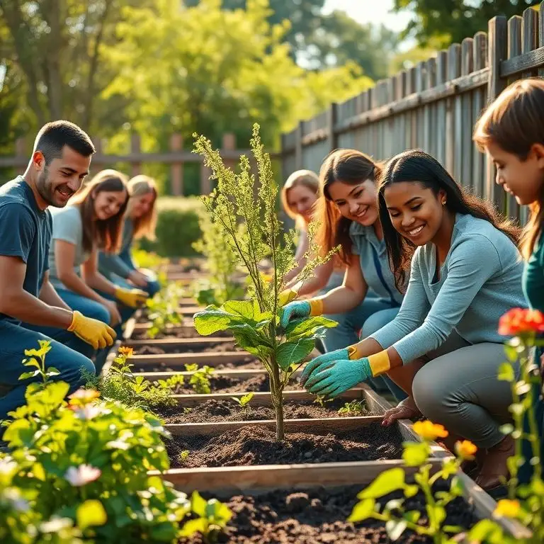 Volunteers planting seedlings together in a sunny community garden