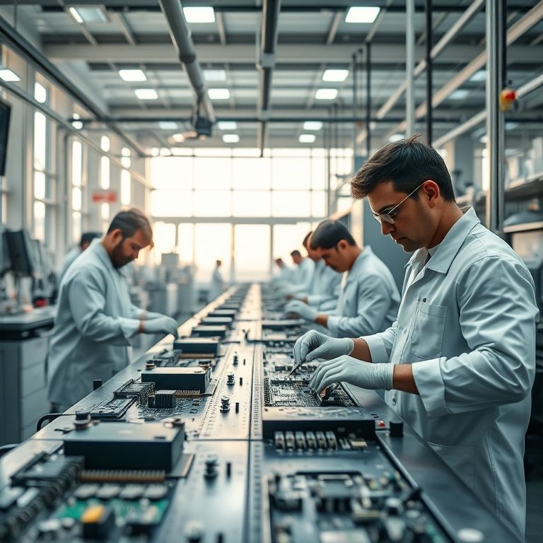 Engineers assembling circuit boards on a bright electronics production line