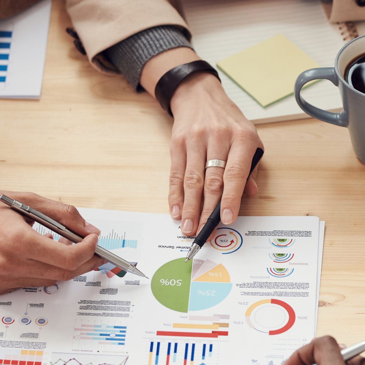 Hands pointing at a printed report with pie charts and bar charts on a wooden table