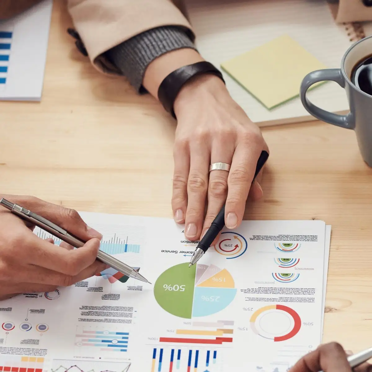 Hands pointing at a printed report with pie charts and bar charts on a wooden table