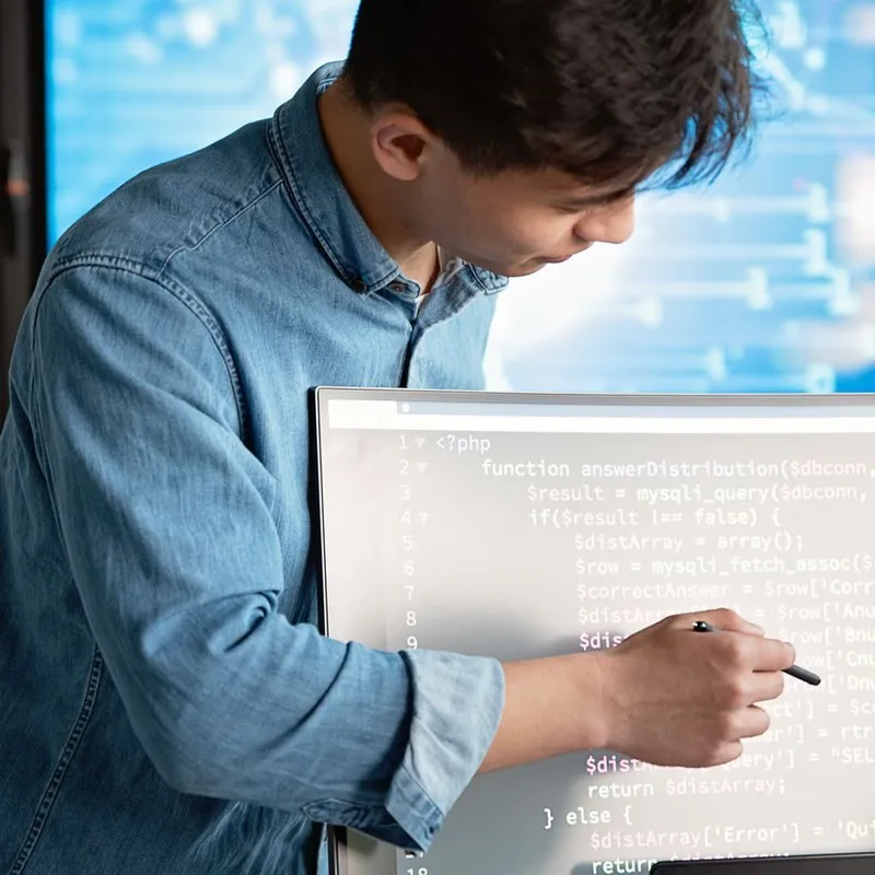 An engineer configuring settings on an office workstation